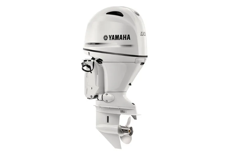 92d43856262a34236fb83fbf0fc3229b Yamaha 90 HP Pearl White Outboard Motor — Power Trim & Tilt, Electric Start, Remote Mechanical Control - Image 1