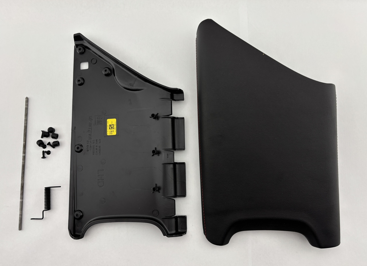 IMG_4502__38308.1769460246.jpg 2020-2025 Chevrolet C8 Corvette Lower Center Console Lid / Armrest / Black Leather / Red Stitching / C8001 - Image 1