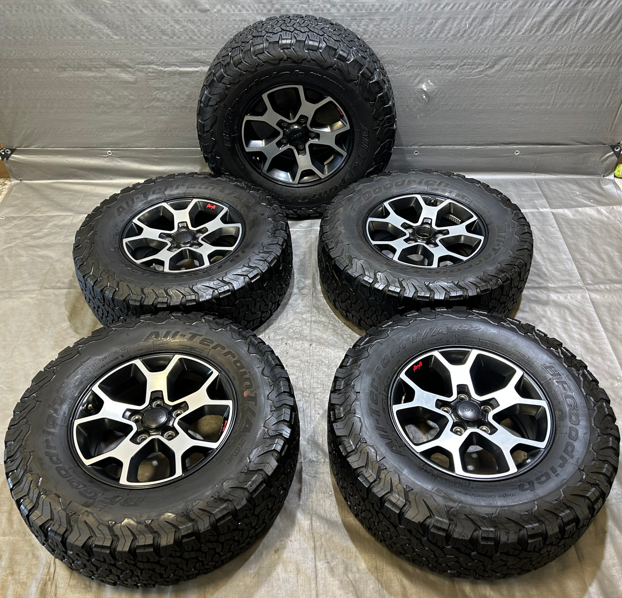 IMG_5147_2__00544.1763578895.jpg 2018-2024 Jeep JL Wrangler JT Gladiator Rubicon 17x7.5" Wheels Rims w/ K02 Tires / Set of 5 / JL011 - Image 1