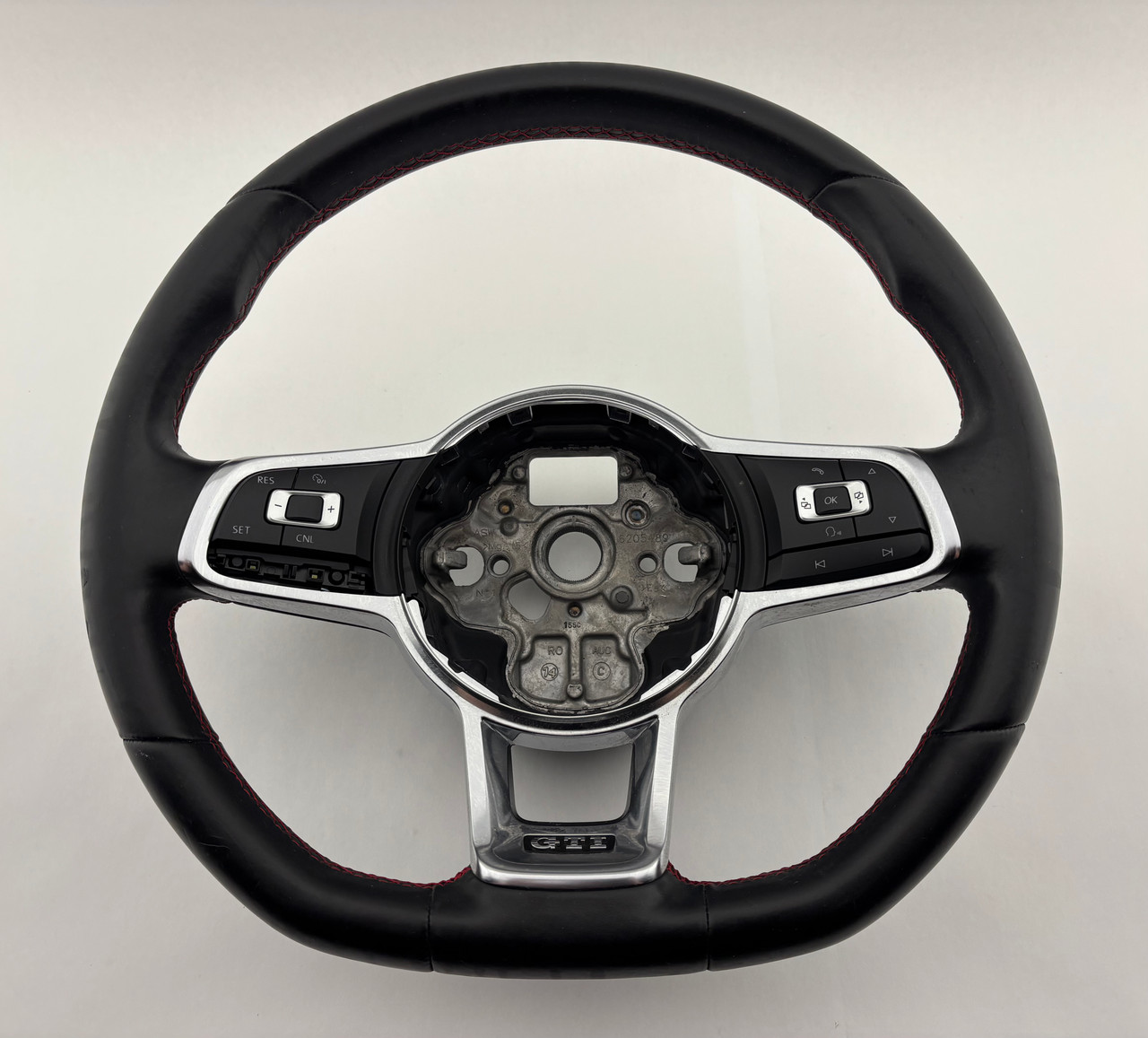 IMG_9853__11209.1774545482.jpg 2015-2019 Volkswagen MK7 GTI Black Leather Steering Wheel / Red Stitching / Automatic / M7010 - Image 1